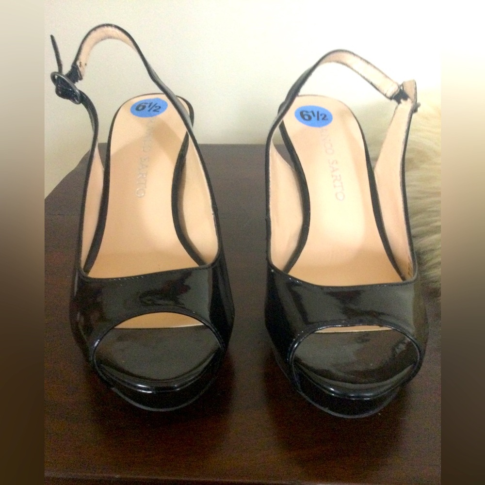 Franco Sarto Women’s Black Patent Slingback Peep-Toe Heels